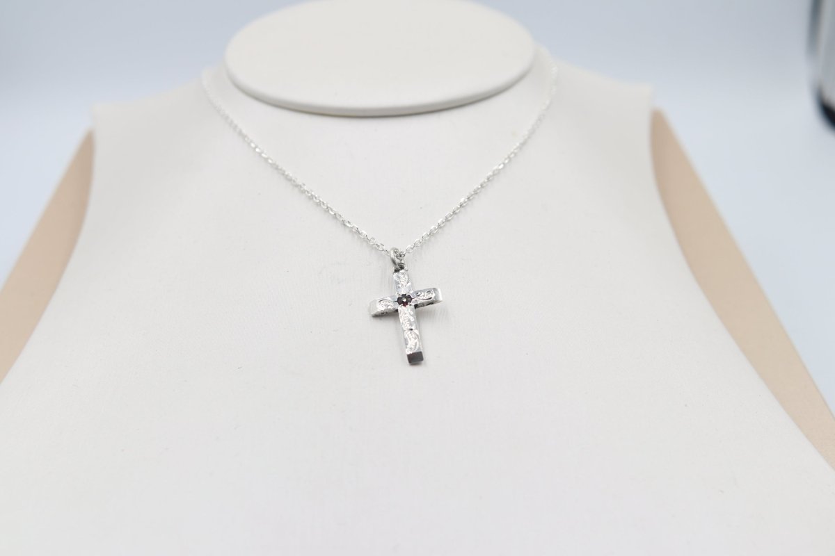 Stg Silver Engraved Cross with Garnet