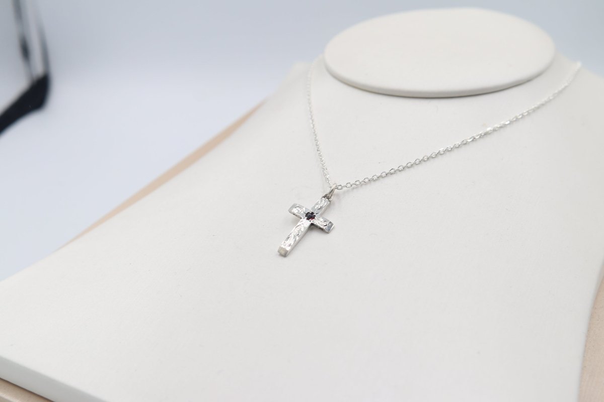 Stg Silver Engraved Cross with Garnet