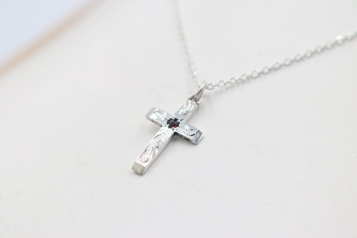 Stg Silver Engraved Cross with Garnet